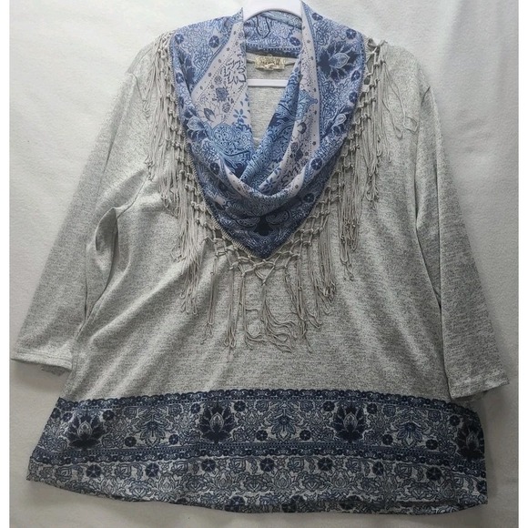 ONE WORLD Tops - One World Womens 2X Top 3/4 Sleeve Detachable Scarf Gray Blue Shirt Hippie Boho